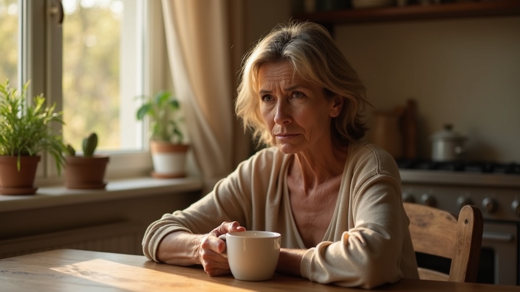 Hashimoto oder Perimenopause — Frau am Küchentisch